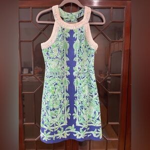 Classic Lilly Pulitzer Blue & Green Patterned Racerback Midi Lined Dress Cotton